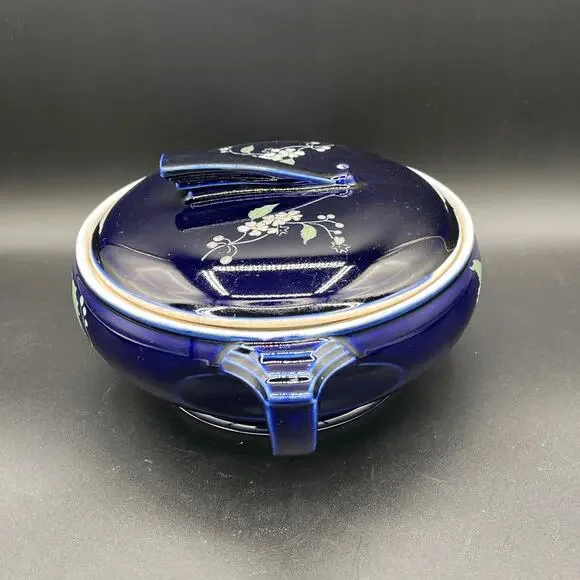 Vtg Hall China Sundial Casserole Dish with Lid - Cobalt Blue Garden Decal - Picture 4 of 10